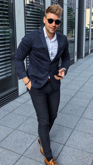 Classy outfit with jeans, shirt, blazer, dress shirt, formal wear: 