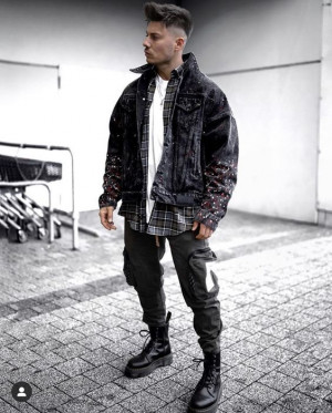 Classy outfit with jeans, tartan, dress shirt, leather jacket: 