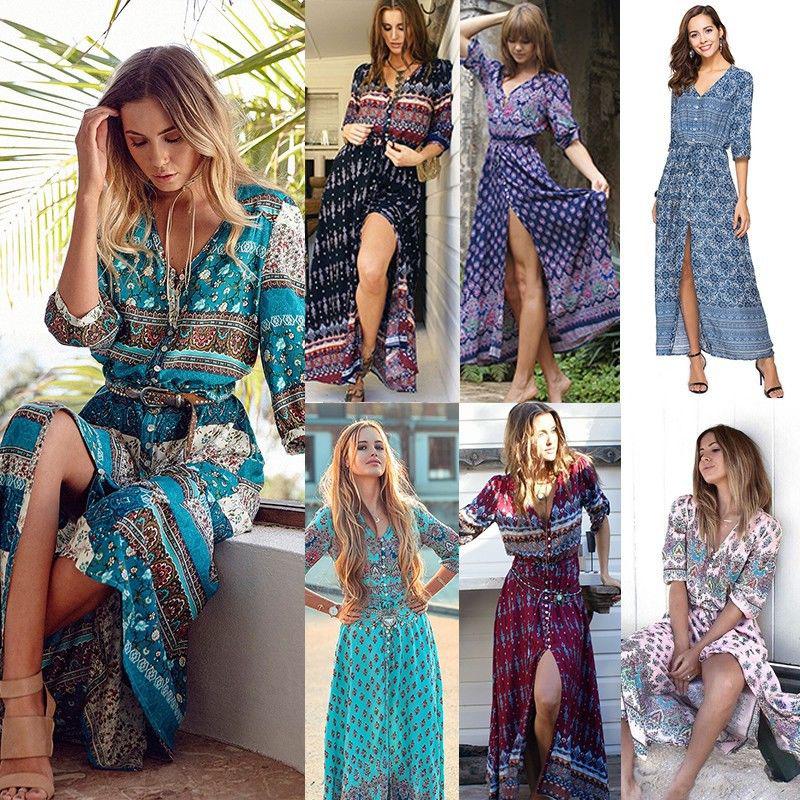 Women Summer Boho Long Maxi Dress Evening Cocktail Party Beach Dresses Sundress: Plus Size Party Outfits  