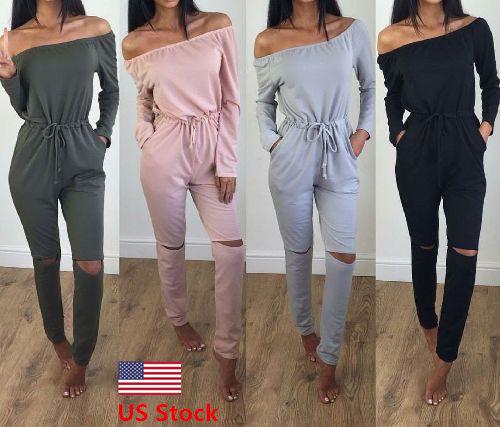 US Women's Off Shoulder Playsuit Bodycon Long Sleeve Jumpsuit Romper Trousers: Women Long Sleeve Bodycon  