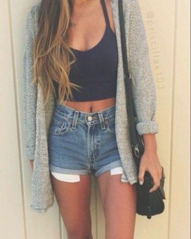 Top Outfits Shorts. Trending And Girly Summer Outfit Ideas With Denim ShortsCrop top Sleeveless shirt: summer outfits,  Casual Shorts Dress,  Denim Outfits,  Shorts Outfit,  tank top,  Jeans Short  