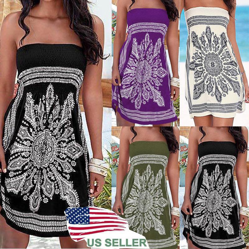 US Women Summer Vintage Boho Short Maxi Dress Party Beach Dress Floral Sundress: 
