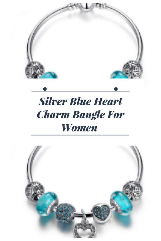 Silver Blue Heart Charm Bangle For Women