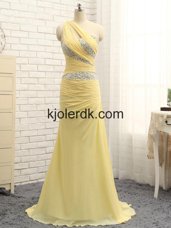Gul En-Skulder Perler Lange Chiffon Aftenkjoler: Chiffon dresses  
