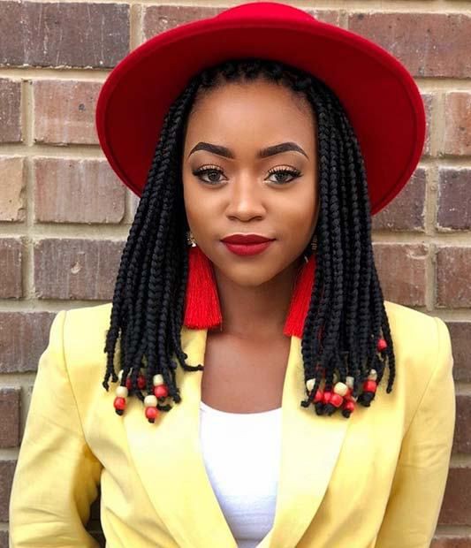 Medium box braids with beads: Lace wig,  Afro-Textured Hair,  Bob cut,  Crochet braids,  Box braids  