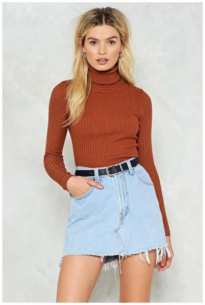 Absolutely great! You must see these fashion model, Polo neck: Denim skirt,  Polo neck,  fashion goals,  Fashion accessory  