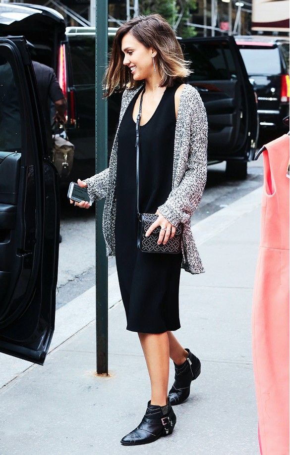 Jessica alba black dress street style: Jessica Alba,  Street Style,  Casual Outfits,  Long Cardigan Outfits  