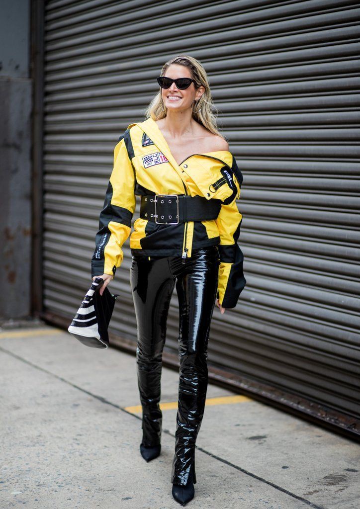 Wear patent leather pants, patent leather, street fashion, crop top: Crop top,  Street Style,  yellow outfit,  Leather Pant Outfits  