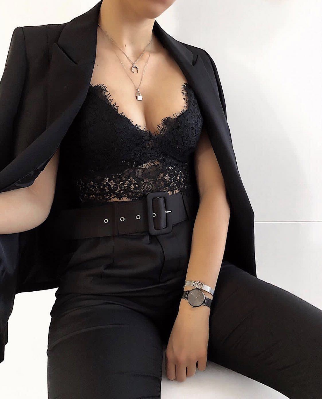 Black vogue ideas with trousers, jeans, skirt: Black Outfit,  Lace Bodysuit  