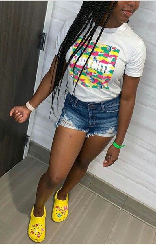 Clothing ideas with fashion accessory, jean short, shorts: Hot Girls,  T-Shirt Outfit,  Fashion accessory,  Jean Short,  Crocs Outfits  