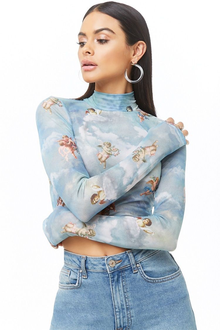 Angel print crop tee, crop top, t shirt: Crop top,  T-Shirt Outfit,  Blue Outfit,  Mesh Outfits  