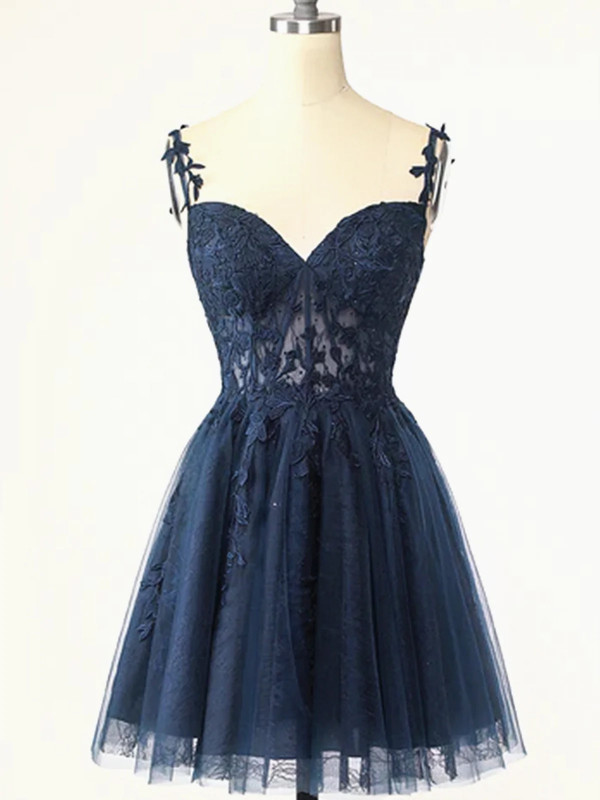 Appliqued Sheer Corset Short Prom Dress with Straps KSP619