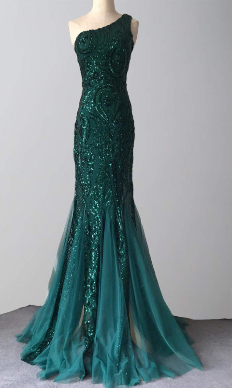 Green Sequined One Shoulder Fit and Flare Prom Dresses KSP622: 