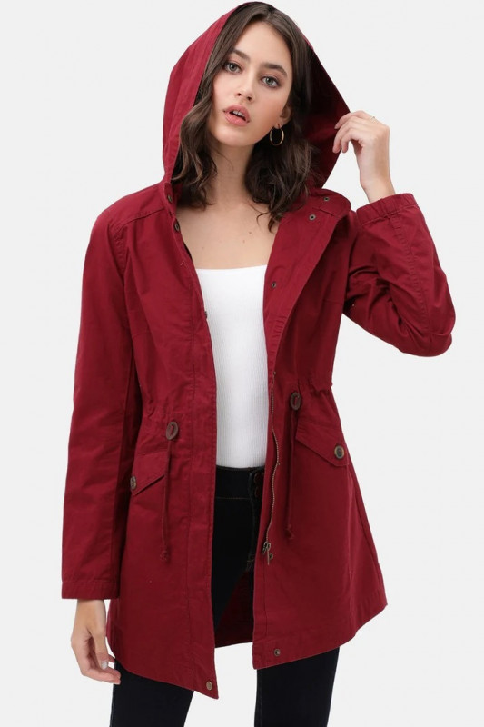 Wine Long Line Hooded Utility Anorak Jacket Coat: 