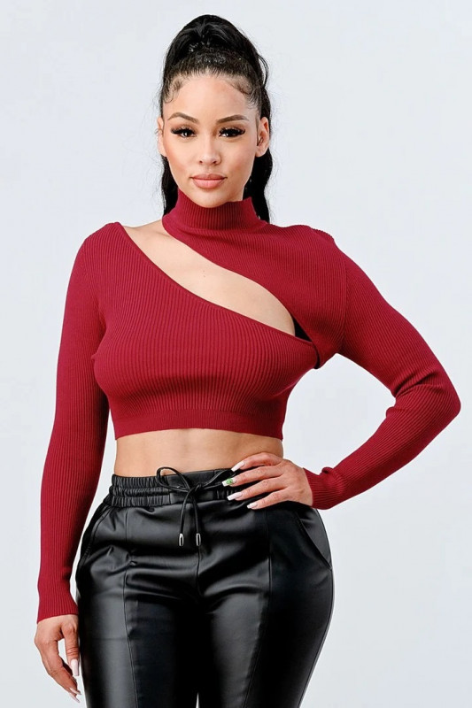 Lux Sweater Rib Cutout Mock Neck Crop Top: 