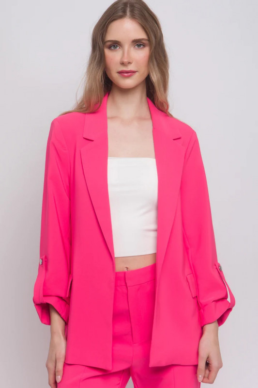 Woven Solid 3/4 Sleeve Blazer: 