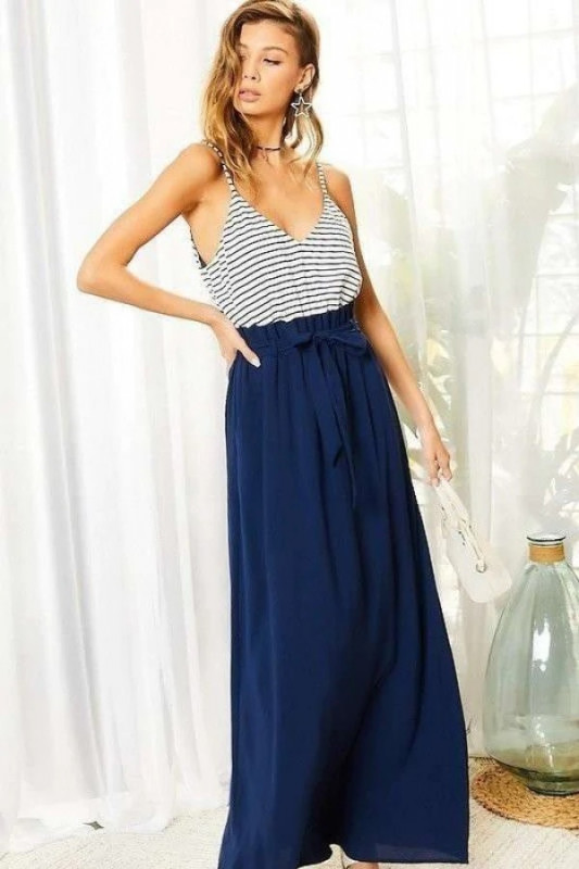 Striped Print Cami Sol Top Hi-waist Skirt Side Pocket Maxi Dress: 