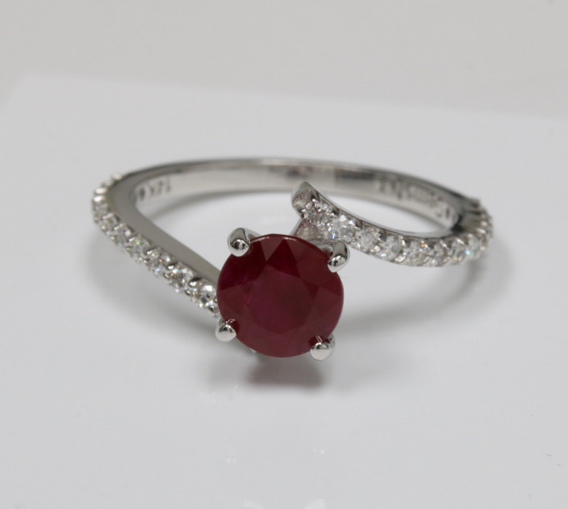 Round Ruby Prong Set Ring with Round Diamond Accents: 