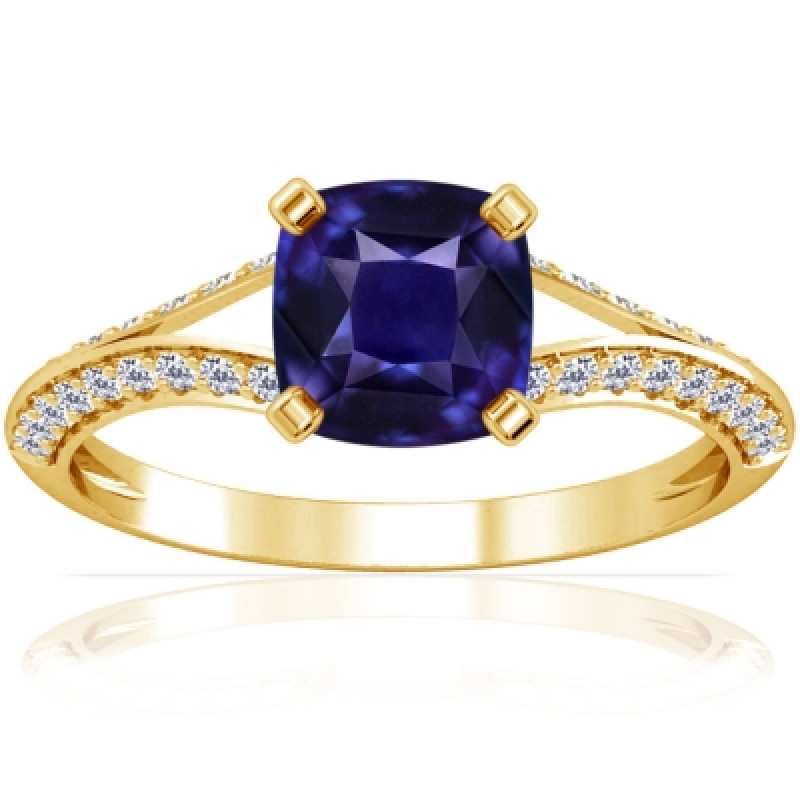 Vibrant Cushion Cut Purple Sapphire Ring with Diamond Accents: 