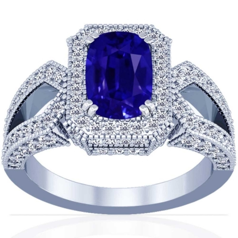 Halo Ring Featuring Cushion Blue Sapphire and Round Diamonds (2.59cttw): 