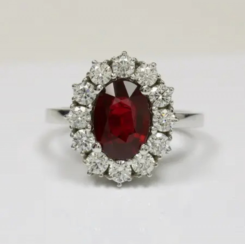 Dazzling Oval Ruby Halo Ring with 3.01cttw Prong Set Diamonds: 