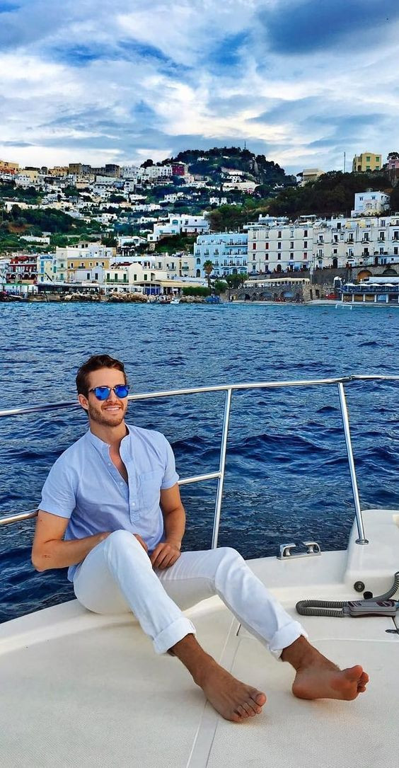 Light Blue Denim Shirt, Boating Fashion Trends With White Casual Trouser, Blue Linen Shirt With White Pants: 
