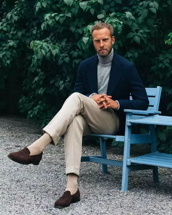 Blue Suit Jackets And Tuxedo, Loafers Attires Ideas With Beige Casual Trouser, Dark Brown Suede Loafers: 