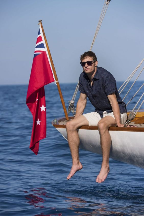 Dark Blue And Navy Denim Shirt, Boating Outfit Designs With White Short, Summer Boat Clothing: 