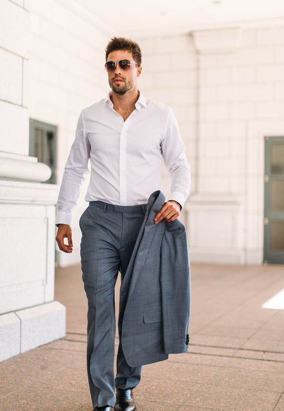 White Shirt, Valentine's Day Outfits Ideas With Grey Formal Trouser, Trang Phục đi Làm Nam: 