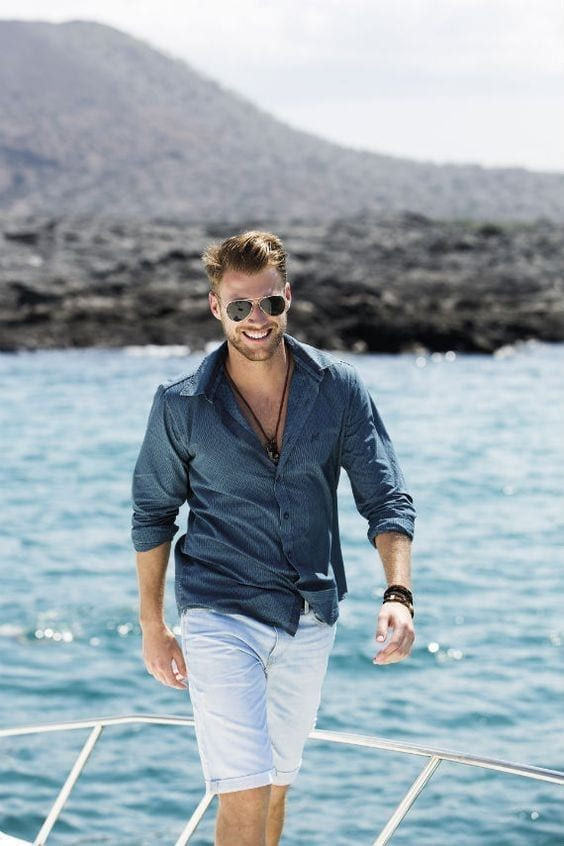 Dark Blue And Navy Denim Shirt, Boating Wardrobe Ideas With Light Blue Beach Pant, Boat Outfits Men's: 