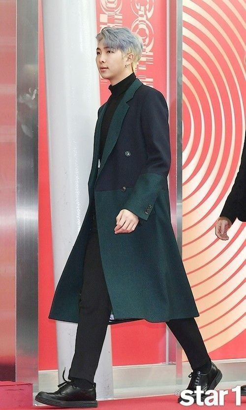 Green Peacoat, Korean Outfit Designs With Black Casual Trouser, Iconic Namjoon Outfits: 