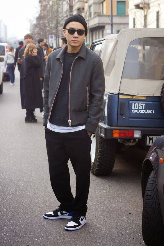 Grey Harrington Jacket, Beanie Outfit Trends With Black Casual Trouser, Eugene Tong Style: 