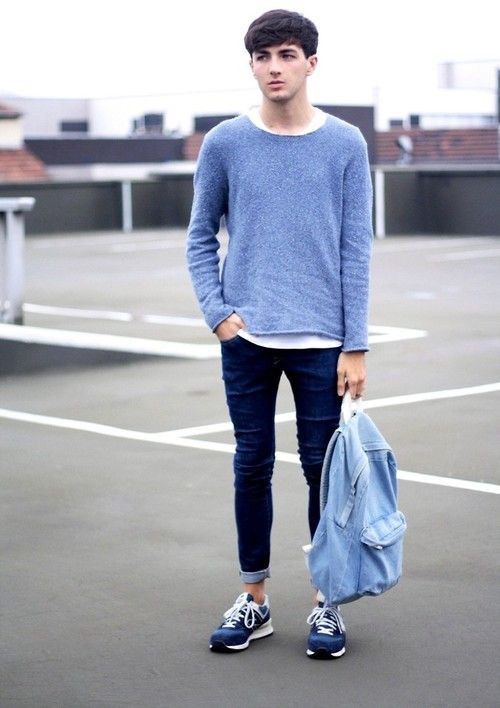 Light Blue Sweater, Guys School Fashion Trends With Dark Blue And Navy Casual Trouser, New Balance Outfits Men's: 