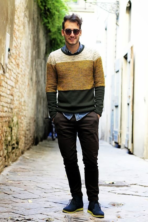 Brown Sweater, Men's Winter Fashion Wear With Black Pant, Men Outfits Sweater: 