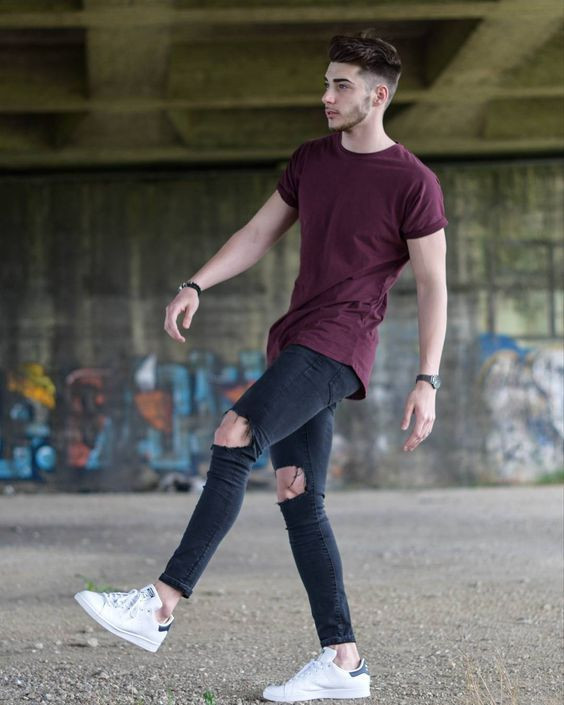 Purple And Violet T-shirt, Guys School Attires Ideas With Black Jeans, Swag Men's Outfit: 