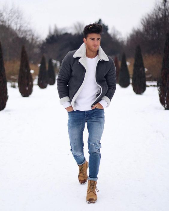 Grey Jacket, Camping Outfit Trends With Light Blue Casual Trouser, Men's Winter Outfits: 