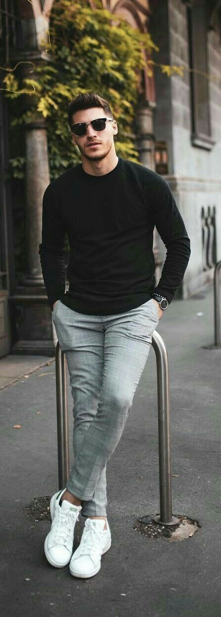 Light Blue Suit Trouser, Ideas With Black Sweater, Casual Stan Smith Outfits Men's: 