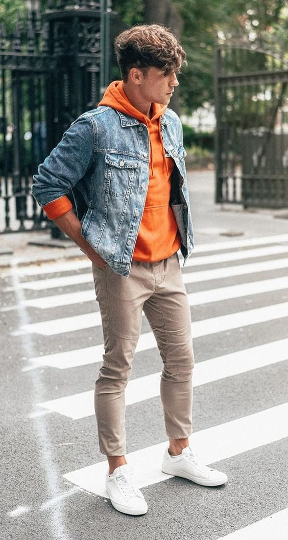 Light Blue Denim Jacket, Camping Attires Ideas With Beige Jeans, Jeans: 