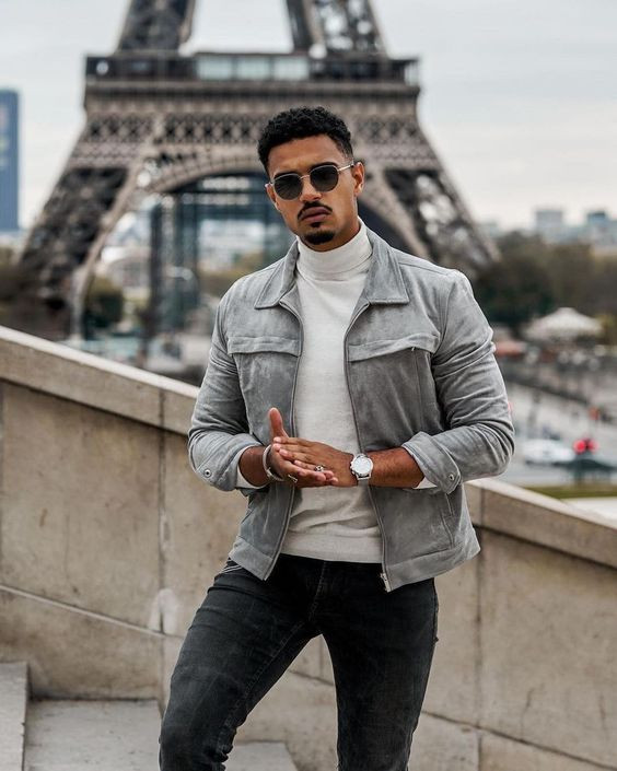 Grey Casual Jacket, Turtleneck Fashion Ideas With Black Jeans, Eiffel Tower: 