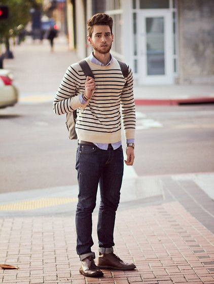Sweater, Men's Winter Outfits Ideas With Dark Blue And Navy Jeans, Men's Preppy Casual Outfits: 