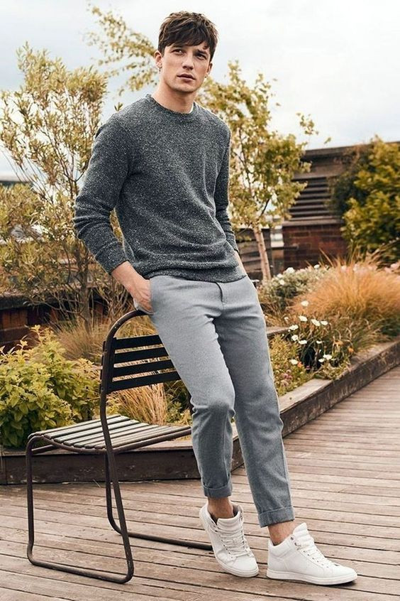 Grey Sweater, Guys School Fashion Outfits With Light Grey Suit Trouser, School Outfits For Guys: 