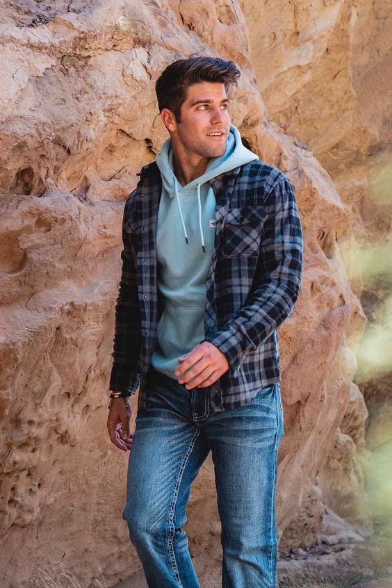 Dark Blue And Navy Denim Shirt, Camping Fashion Ideas With Light Blue Jeans, Hoodies: 