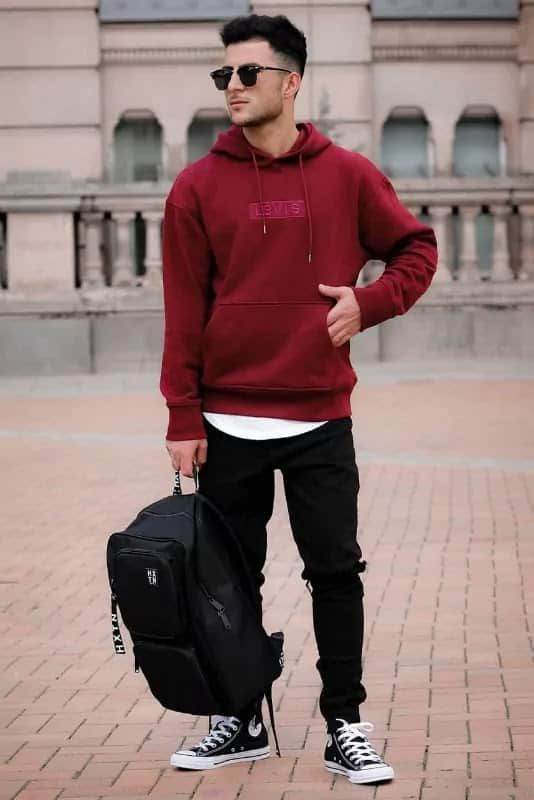 Red Hoody, Camping Outfits With Black Jeans, Outfit Boy: 