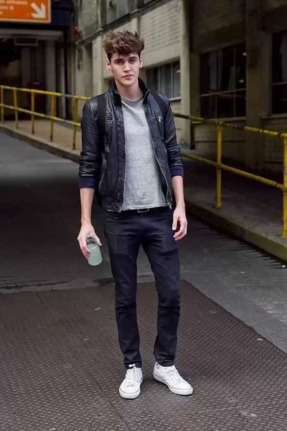 Black Bomber Jacket, Guys School Fashion Trends With Black Jeans, Outfits With Dark Blue Jeans Men's: 