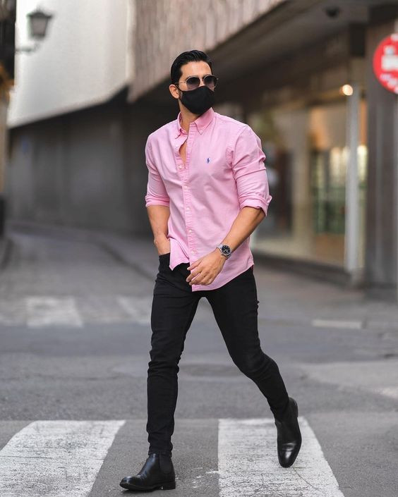Pink Shirt, Men's Pastel Fashion Outfits With Black Jeans, Formal Dress Men: 