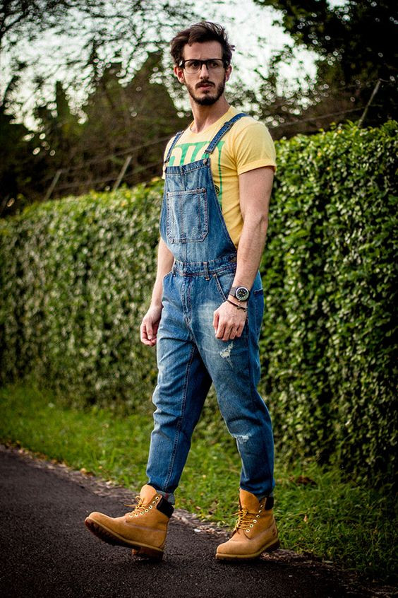 Men's Overall Outfits With Yellow T-Shirt: 