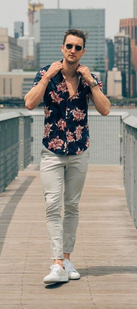 Shirt, Men Shirts Attires Ideas With Grey Jeans, Floral Shirt Men's Outfit: 