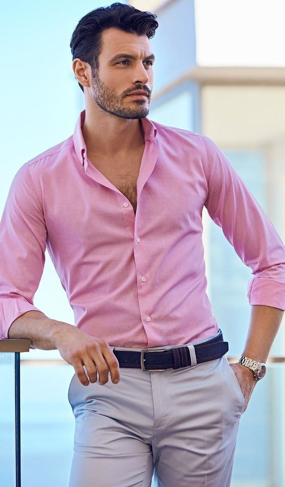 Pink Shirt, Formal Shirt Fashion Ideas With Grey Hotpant, Formal Grey Pant Matching Shirt: 