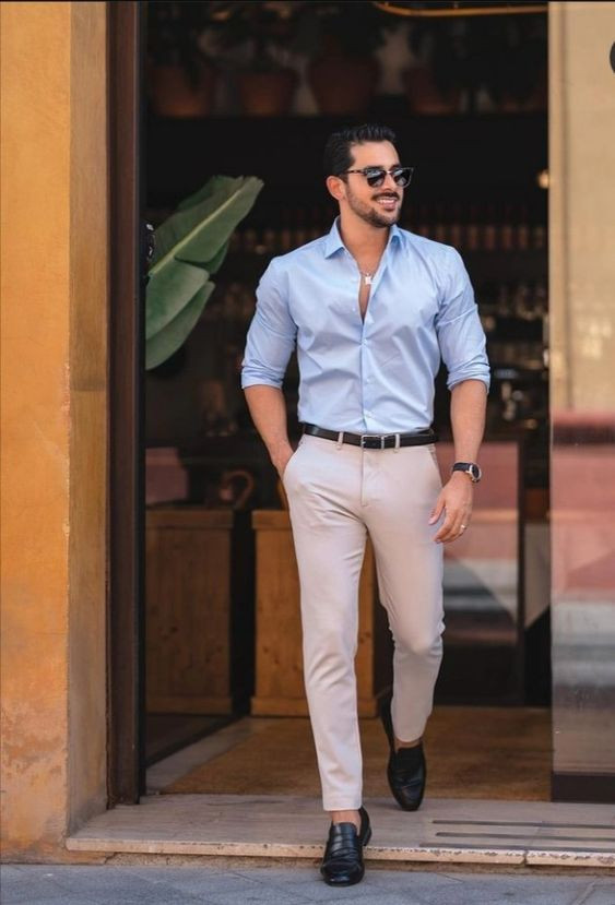Light Blue Shirt, Formal Shirt Outfit Trends With Beige Suit Trouser, Shirt And Pants Color Combinations: 