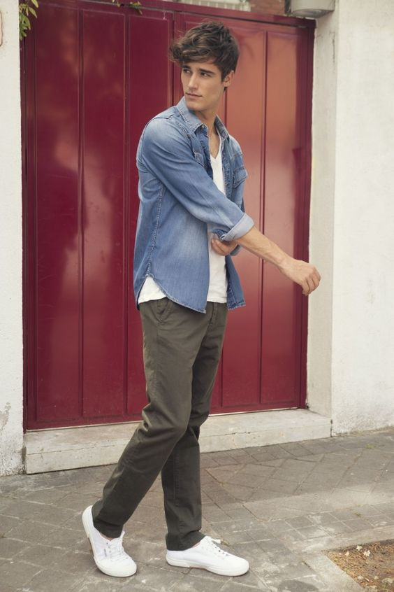 Light Blue Denim Shirt, Guys School Fashion Outfits With Green Casual Trouser, Denim Shirt And Shirt Combination: 